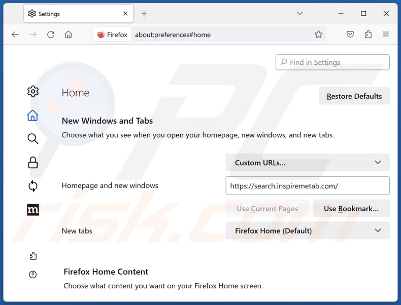 Removing search.inspiremetab.com from Mozilla Firefox homepage