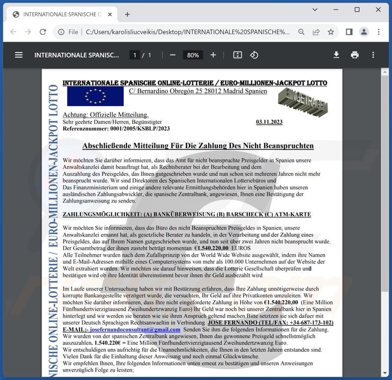 INTERNATIONALE SPANISCHE ONLINE-LOTTERIE scam email attachment (INTERNATIONALE SPANISCHE ONLINE-LOTTERIE.pdf)