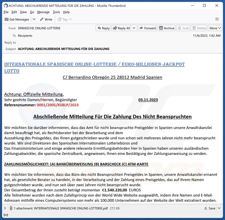 INTERNATIONALE SPANISCHE ONLINE-LOTTERIE email spam campaign