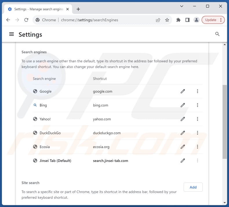 Removing search.jinsei-tab.com from Google Chrome default search engine