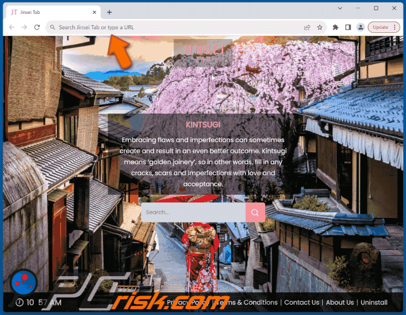 Jinsey Tab browser hijacker search.jinsei-tab.com redirects to bing.com