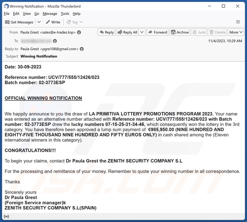 La Primitiva Lottery Promotions Program 2023 email spam campaign