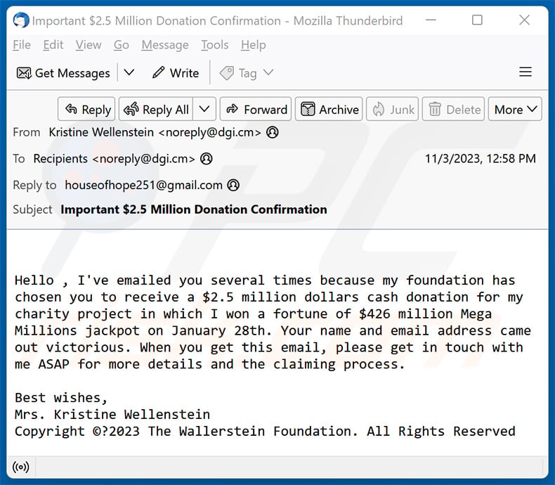 Mega Millions International Lottery email scam (2023-11-08)