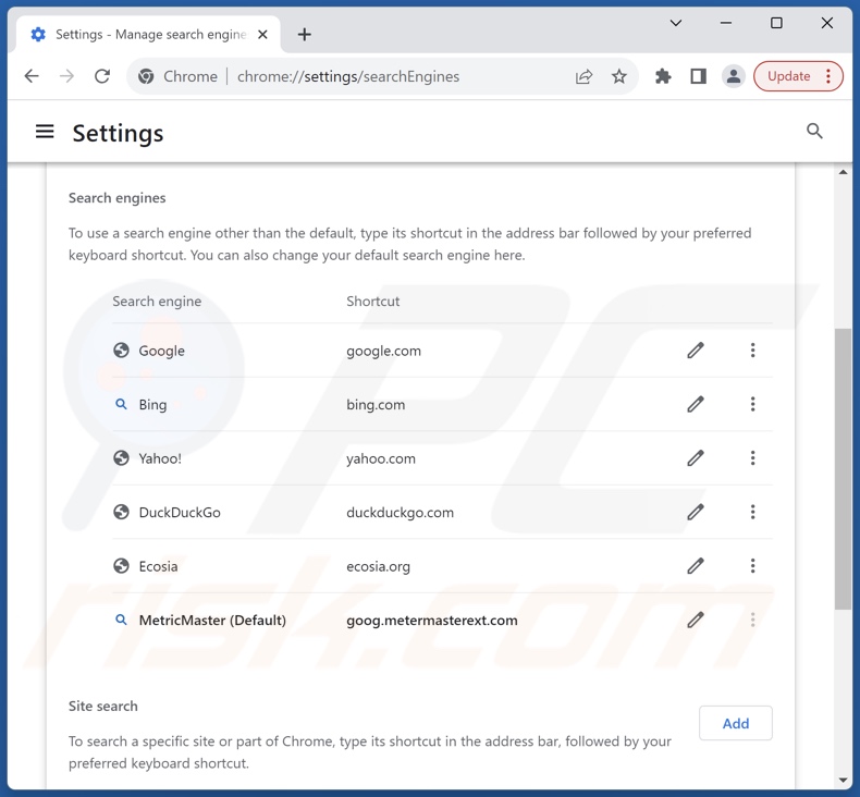 Removing goog.metermasterext.com from Google Chrome default search engine