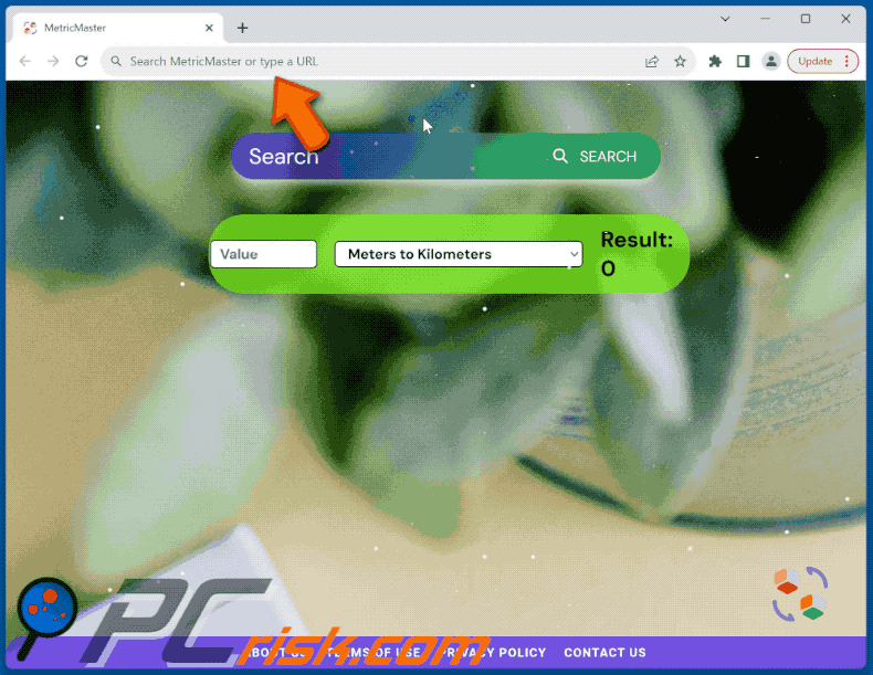 MetricMaster browser hijacker redirecting to Bing (GIF)