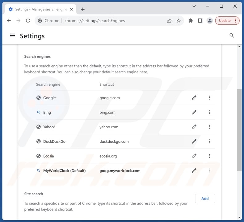 Removing goog.myworlclock.com from Google Chrome default search engine
