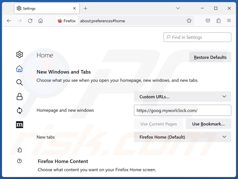 Removing goog.myworlclock.com from Mozilla Firefox homepage