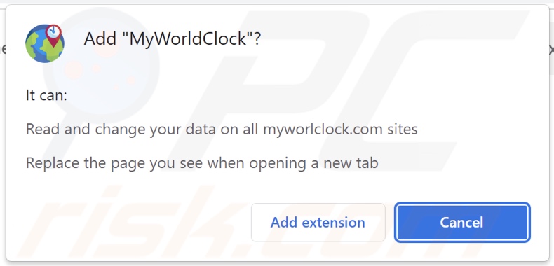 MyWorldClock browser hijacker asking for permissions