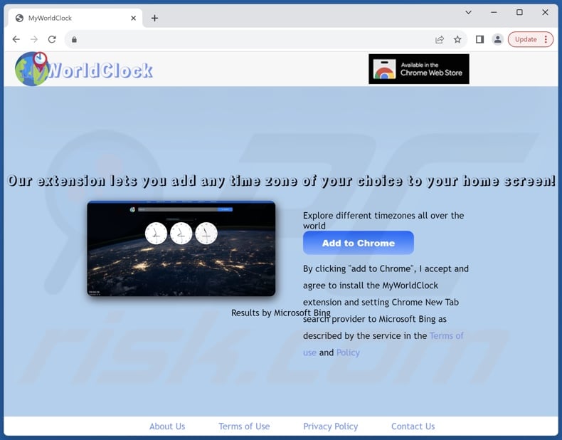 Website used to promote MyWorldClock browser hijacker