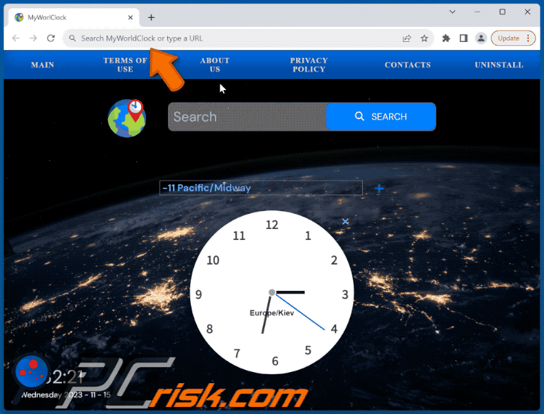 MyWorldClock browser hijacker redirecting to (GIF)