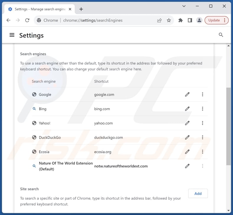 Removing notw.natureoftheworldext.com from Google Chrome default search engine