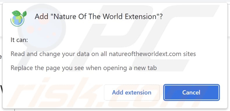 Nature Of The World Extension browser hijacker asking for permissions