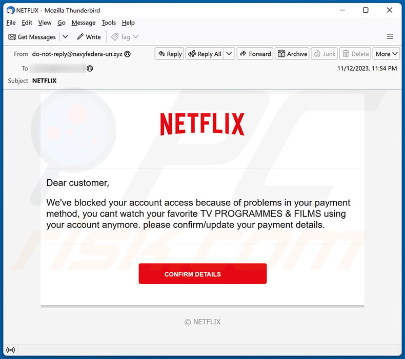 Netflix - We've Suspended Your Membership email scam (2023-11-14)