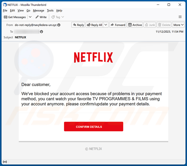 Netflix - We've Suspended Your Membership email scam (2023-11-14)