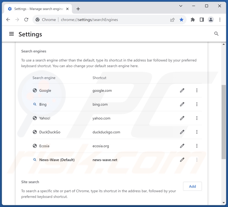 Removing news-wave.net from Google Chrome default search engine