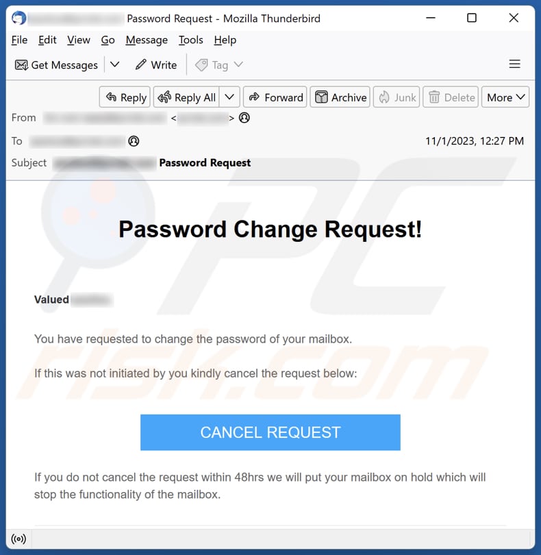 Password Change Request email spam campaign