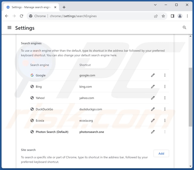 Removing photonsearch.one from Google Chrome default search engine