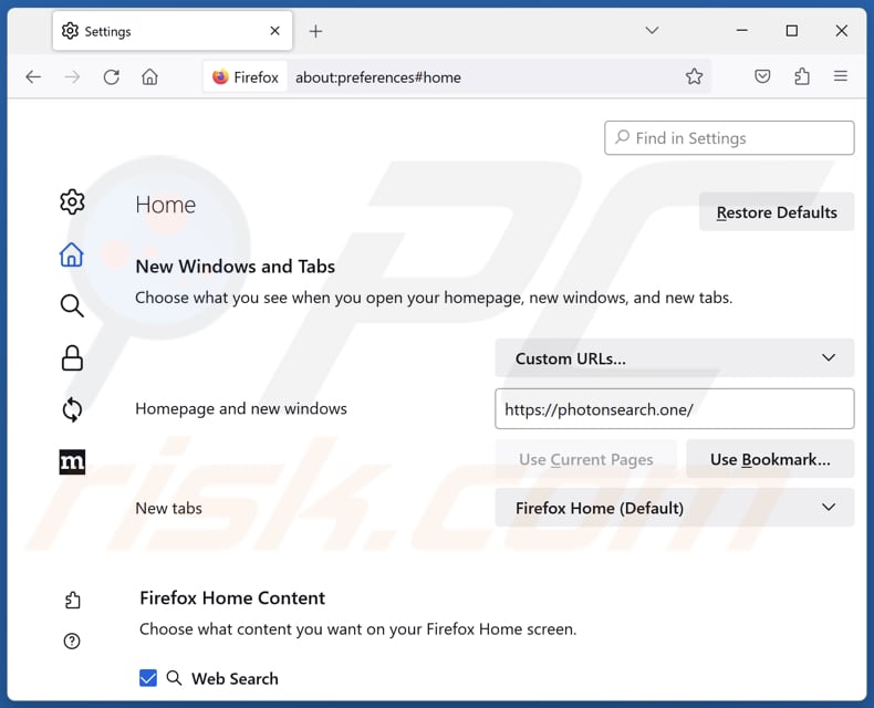 Removing photonsearch.one from Mozilla Firefox homepage