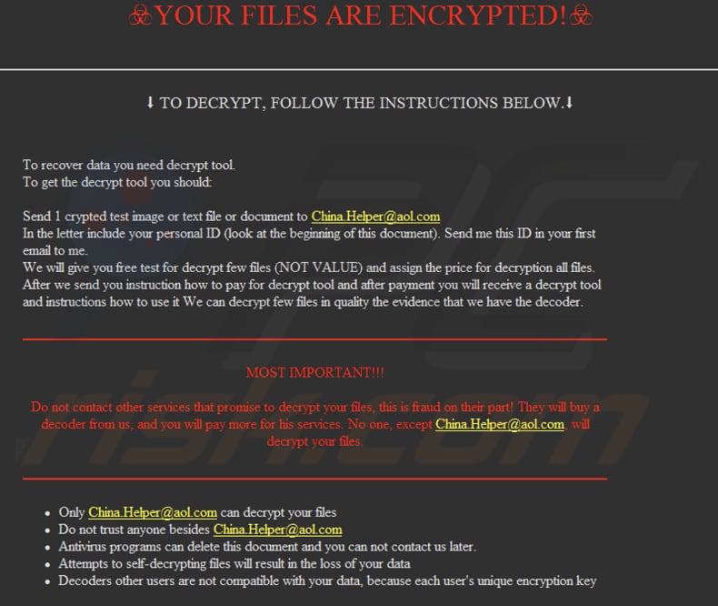 Pig865qq ransomware text file (HOW TO BACK YOUR FILES.exe)