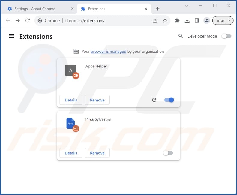 Removing PinusSylvestris malicious extension from Google Chrome step 2