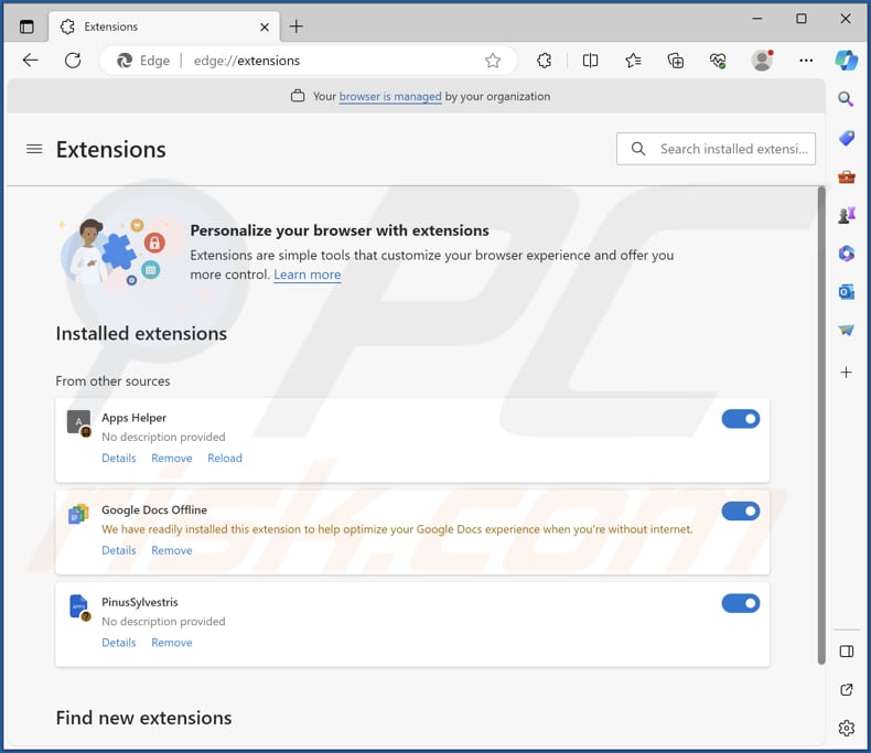 PinusSylvestris malicious extension on Edge browser
