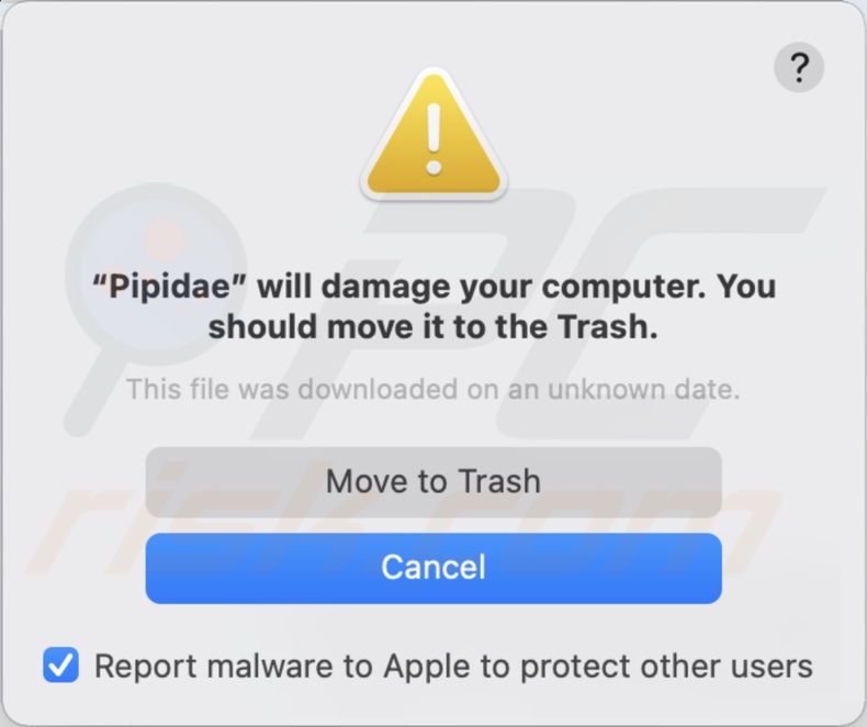 Pop-up alerting of Pipidae adware's presence on the system