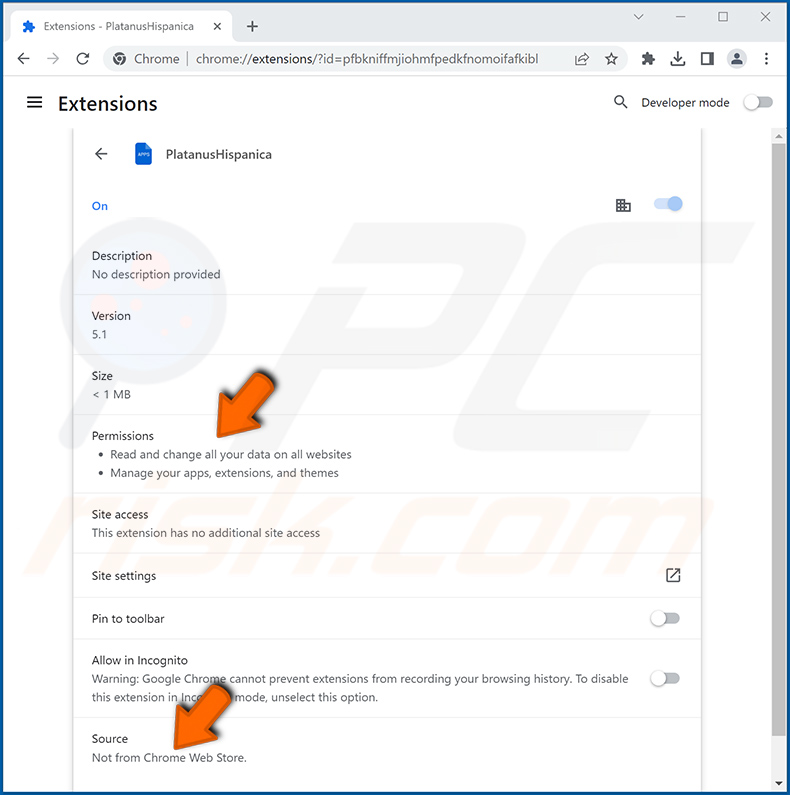 PlatanusHispanica malicious extension app info