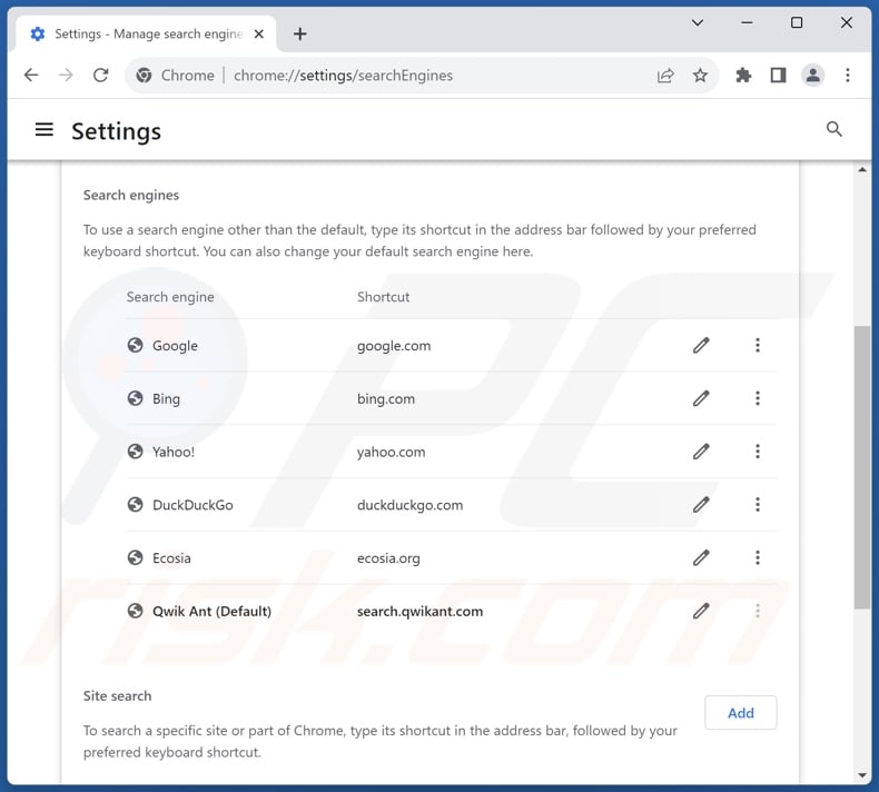 Removing search.qwikant.com from Google Chrome default search engine
