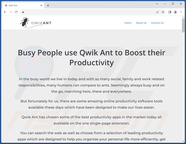 Website used to promote Qwik Ant browser hijacker