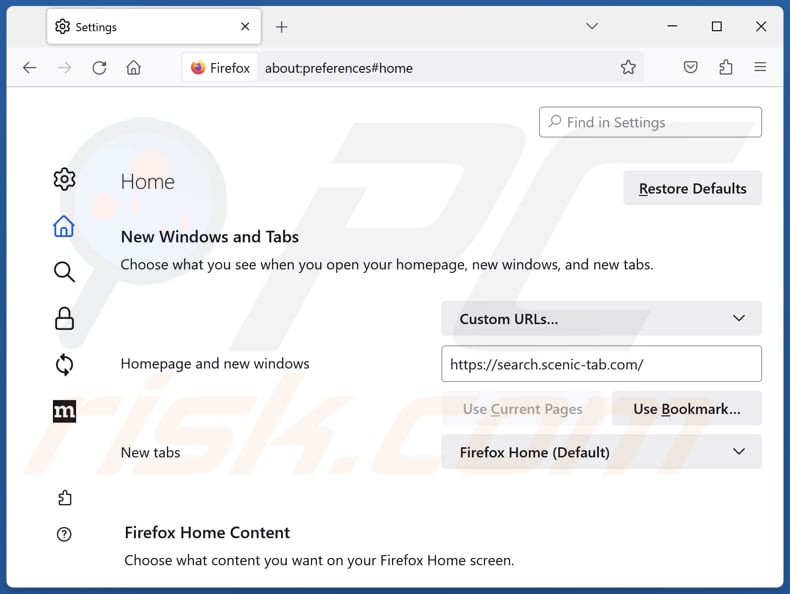 Removing search.scenic-tab.com from Mozilla Firefox homepage