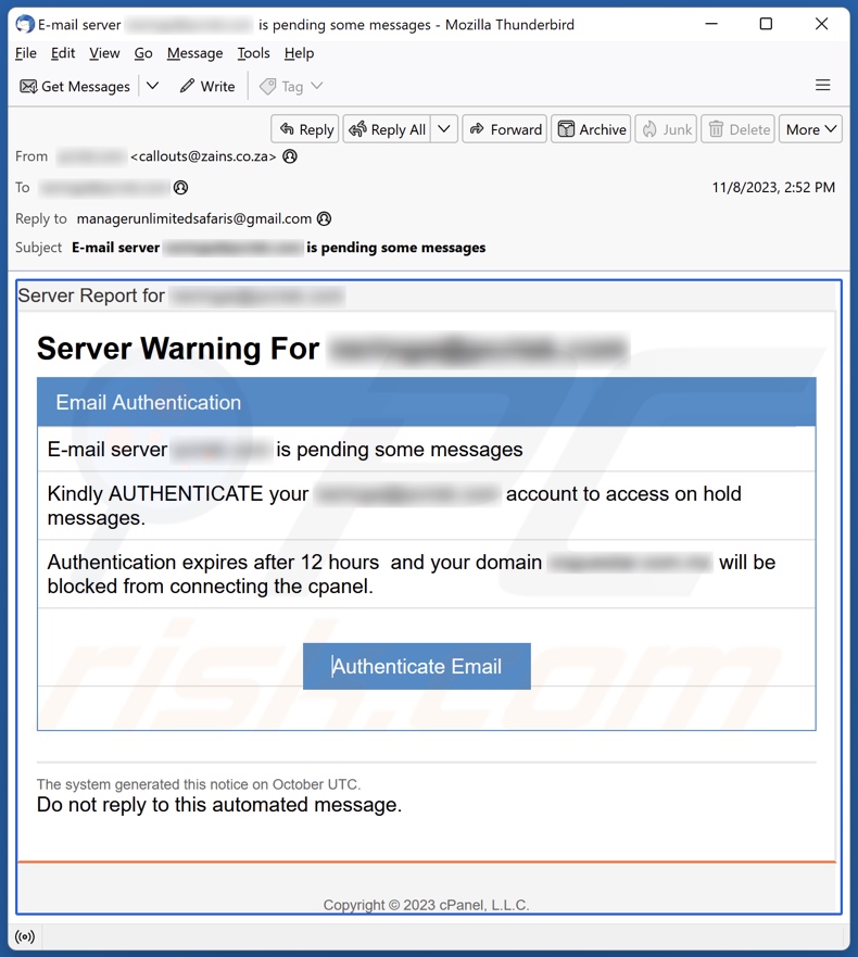 Server Warning email spam campaign