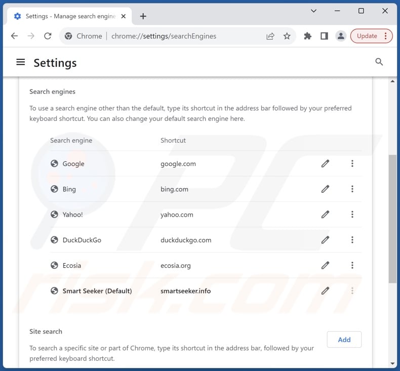 Removing smartseeker.info from Google Chrome default search engine