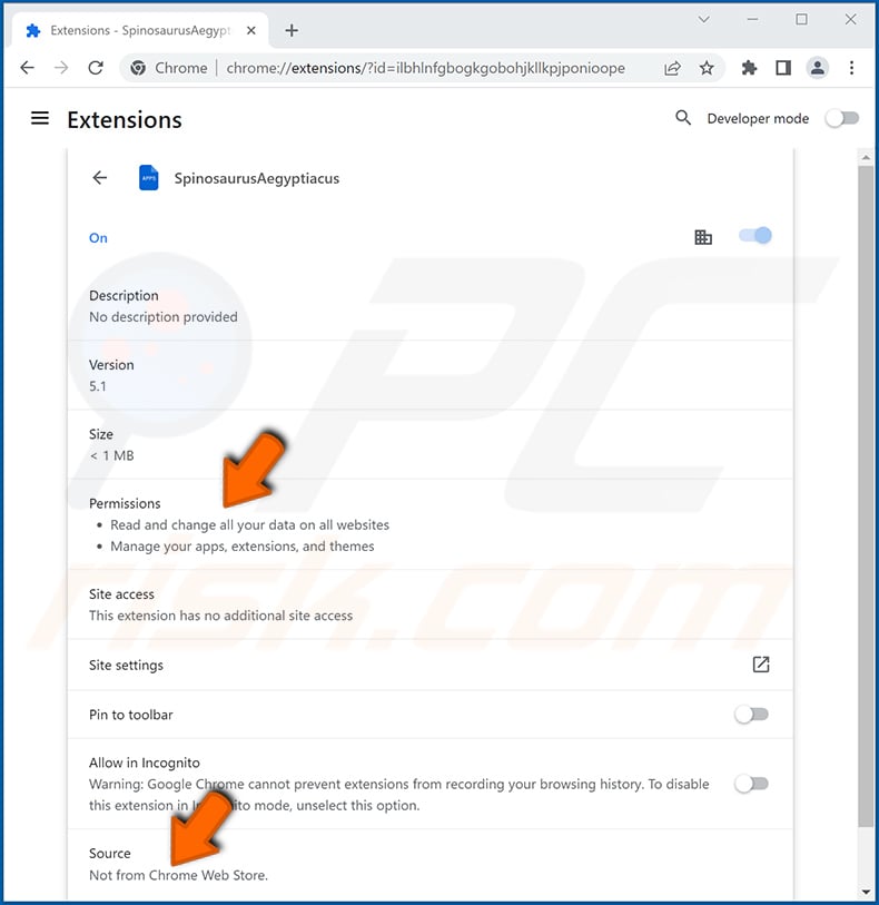 SpinosaurusAegyptiacus malicious extension app info