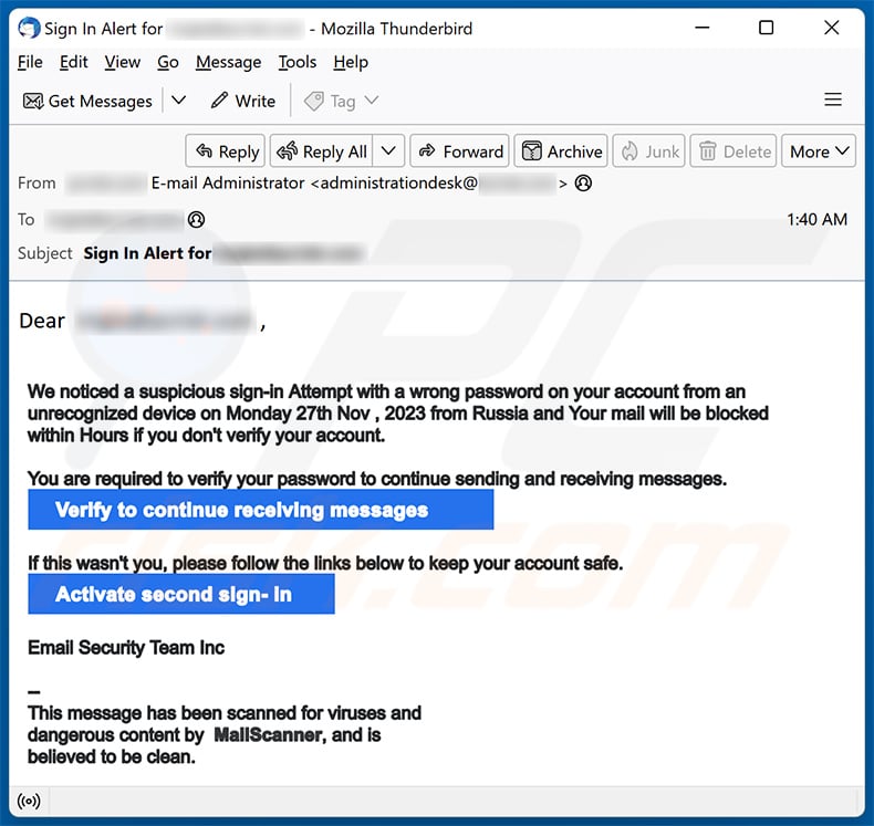 Suspicious sign-in Attempt with a wrong password email scam