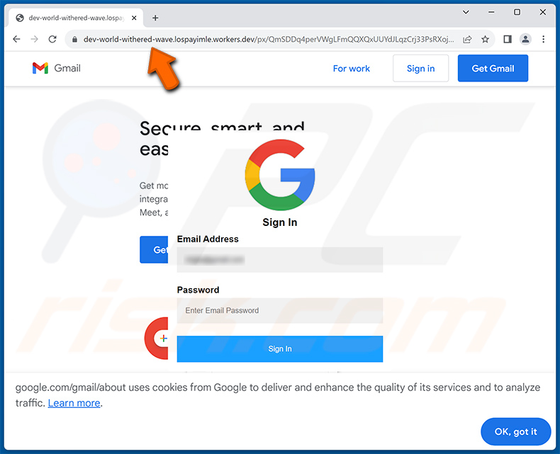Phishing site promoted via Suspicious sign-in Attempt with a wrong password email scam