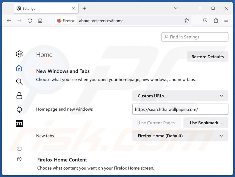 Removing searchthaiwallpaper.com from Mozilla Firefox homepage