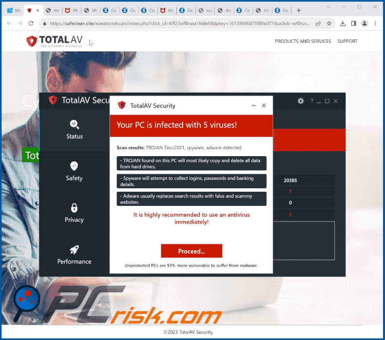 Appearance of TotalAV Security - Your PC Is Infected With 5 Viruses! scam (GIF)