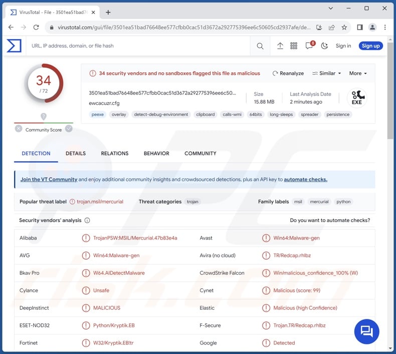 TrapStealer malware detections on VirusTotal