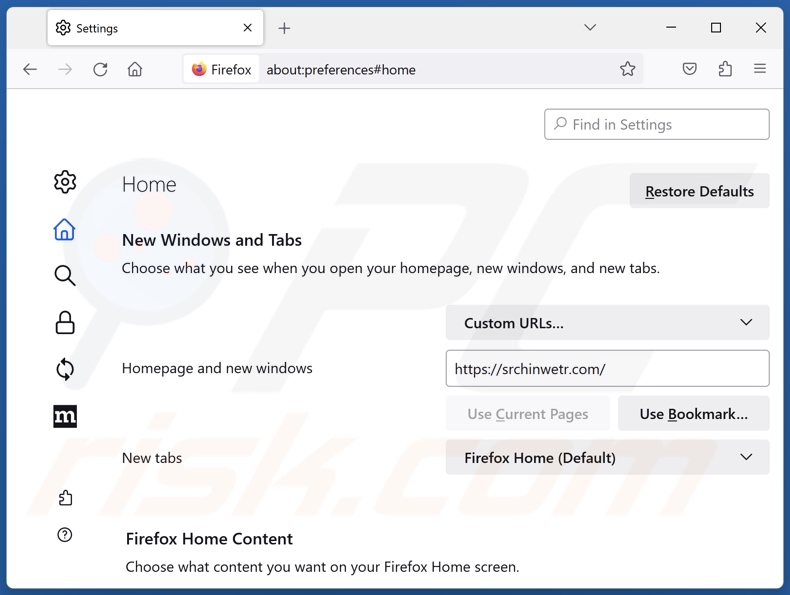 Removing srchinwetr.com from Mozilla Firefox homepage