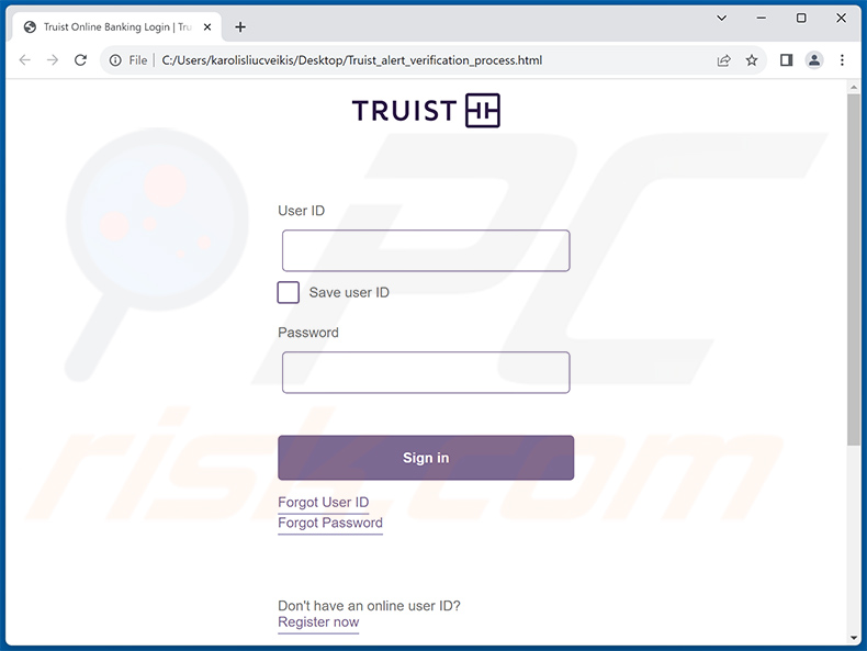 Phishing HTML document distributed using Truist Online Banking Profile (sample 2)