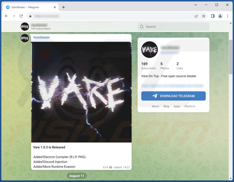 Vare stealer promoted on Telegram