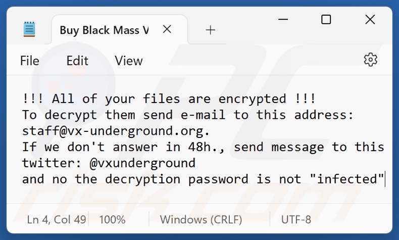 Vx-underground ransomware text file (Buy Black Mass Volume I.txt)