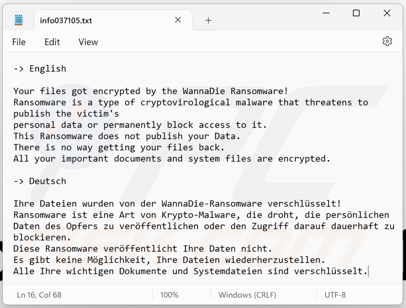 WannaDie ransomware ransom note (info[random_number].txt)