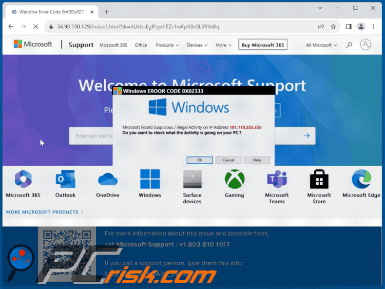 Appearance of Windows EROOR CODE 0X02333 scam