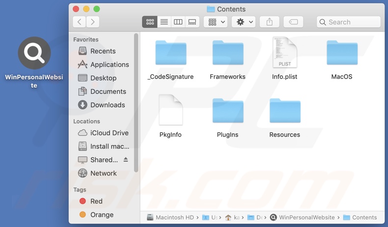 WinPersonalWebsite adware install folder
