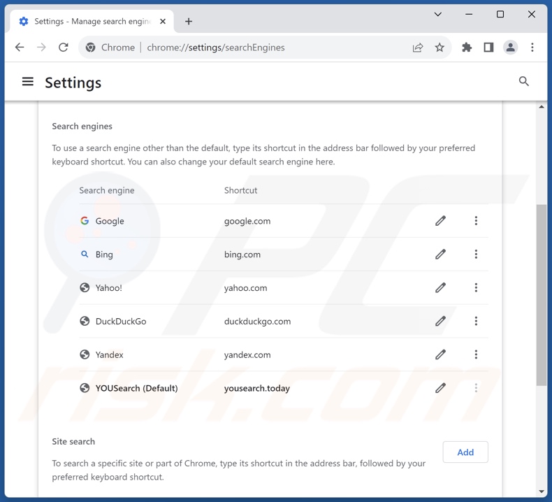 Removing yousearch.today from Google Chrome default search engine