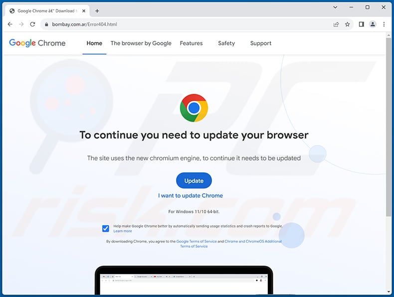 zgRAT malware-spreading website presenting it as Google Chrome update