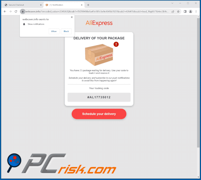 AliExpress Package scam email promoted phishing sites (GIF)