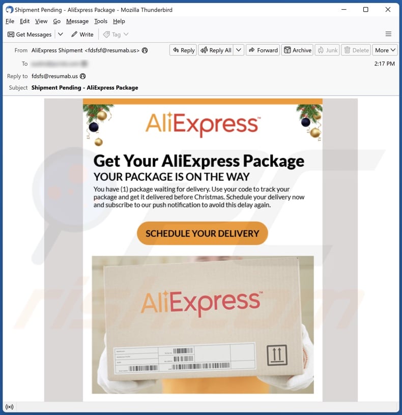 AliExpress Package email spam campaign