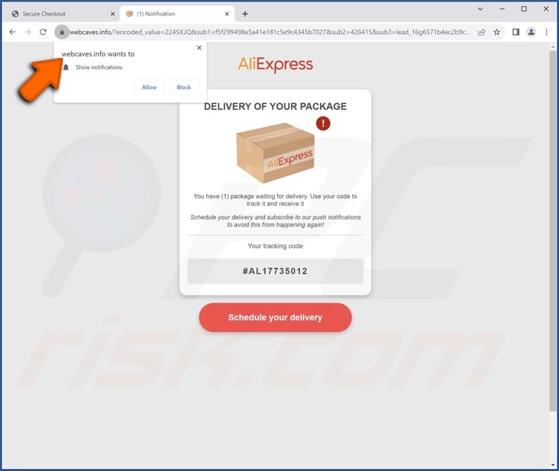 AliExpress Package scam email promoted phishing site 1